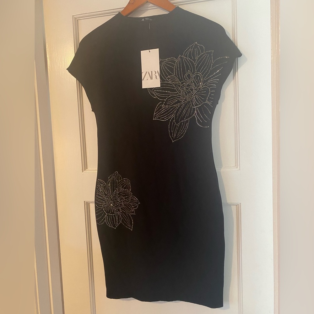 Zara Black Dress with Floral Embellishments NWT, Size Large